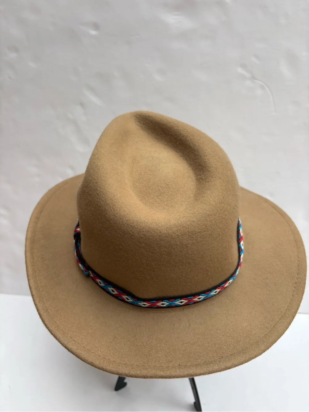 Tan Wool Fedora Hat with Patterned Band - Women Accessories Farmcore
